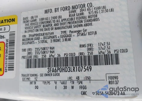2020 Ford Fusion Se from USA, damaged, VIN 3FA6P0HD3LR107549